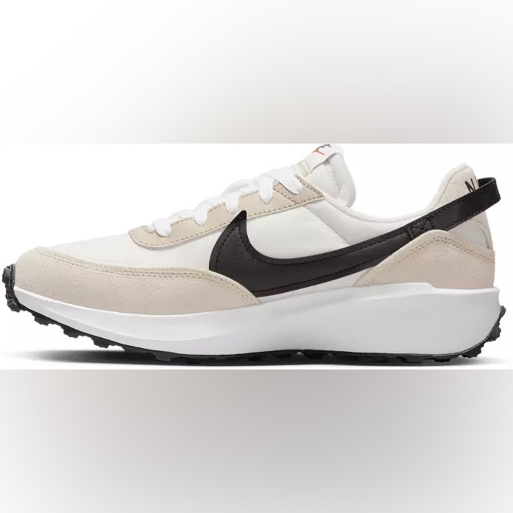 Nike Women's White and Beige Waffle-Style Runner with Black Swoosh